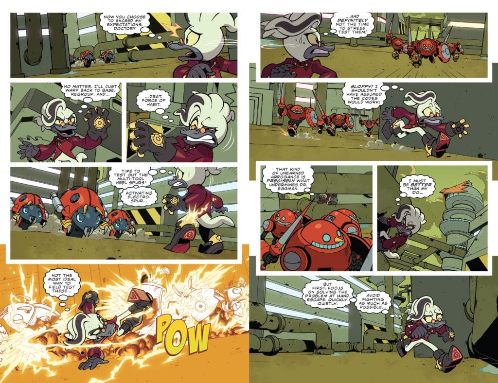 A comic page featuring a cartoon character with gray fur and a white hat, wearing a red jacket, interacting with two robot characters in a futuristic environment. The main character shows expressions of concern and determination while the robots perform various tasks around them. The background includes pipes and machinery, with dynamic action sequences illustrated.