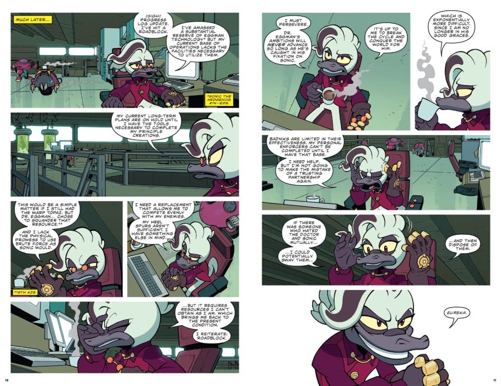 Comic page featuring a cartoon character with light hair and a purple suit, discussing strategy and technology in a futuristic setting. The character expresses concern about their current plans and resources, pondering the need for a more effective solution against their enemies.
