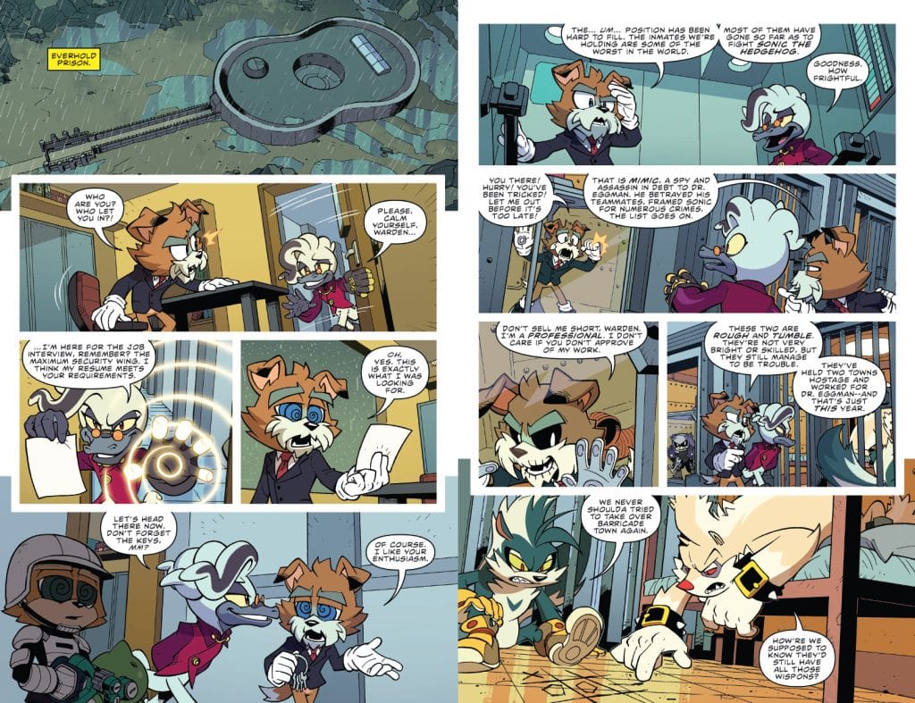 A comic page featuring anthropomorphic characters in a prison setting. The main character, a fox in a suit, is interviewing for a job. Dialogue reflects their discussion about prison inmates and security. Other characters, including a warden and various prisoners, interact humorously, discussing job requirements and past troubles.