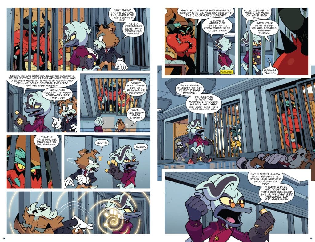 A comic book page featuring characters in a prison-like setting, discussing a villain named Dr. Eggman. The scene includes a character with a hypnotic tool and a reddish creature named Zavok in a cell. Dialogue bubbles convey tension and plans for revenge.