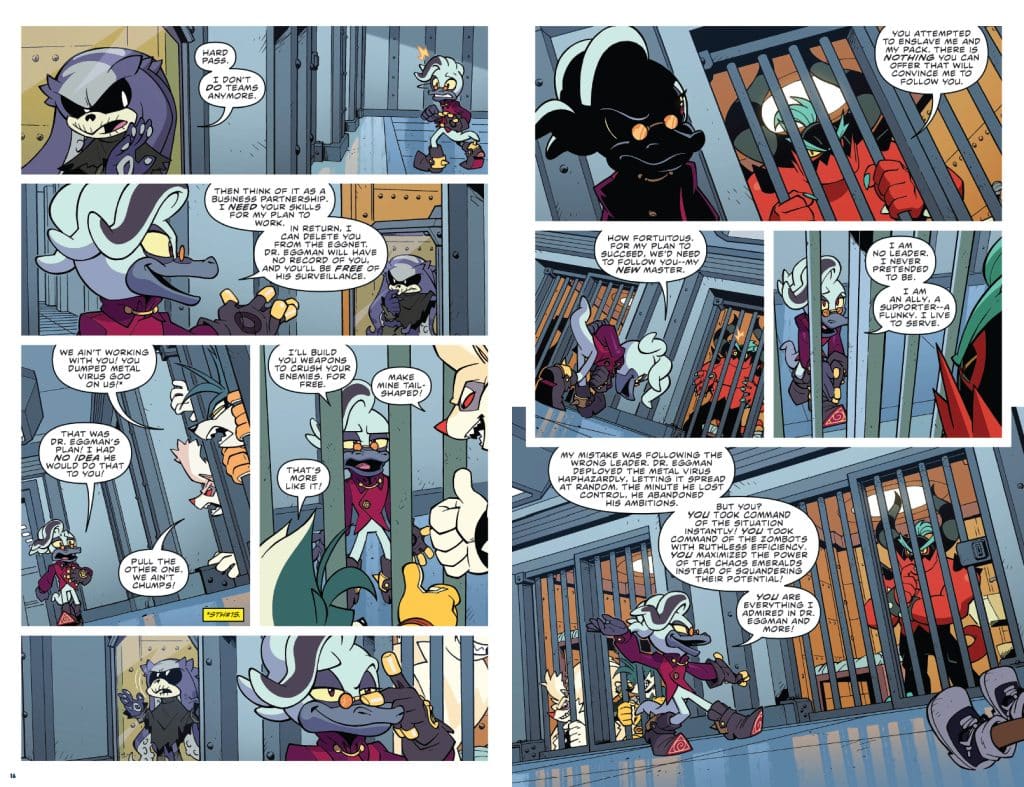 A comic page featuring anthropomorphic characters discussing a partnership, with dialogue conveying conflict and teamwork. The scene includes various characters in colorful outfits speaking animatedly in a prison-like setting.