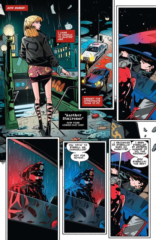 Comic book page featuring a blonde woman named Skye Ramsey in a city street at night, with a police car and a figure in a red and black outfit. The scene includes dialogue about someone being followed or observed.