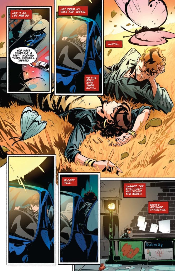A comic book panel showing two characters, a man and a woman, lying in a field of grass. The woman appears to be speaking to the man, who is sitting in a black car. A butterfly flutters above them, and text boxes with dialogue are visible.
