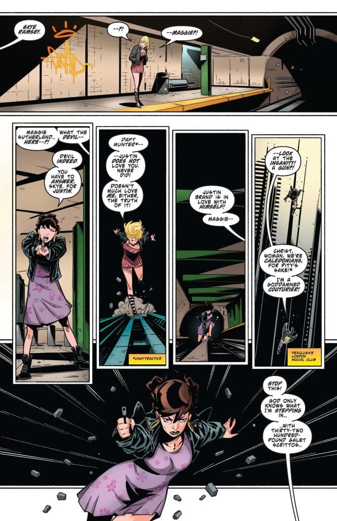 A comic book panel depicting a dramatic confrontation. The top left shows Skye Ramsey calling out for Maggie. Maggie Sutherland appears in a floral dress and leather jacket, expressing frustration and defiance. The background depicts an underground subway station with debris scattered around.