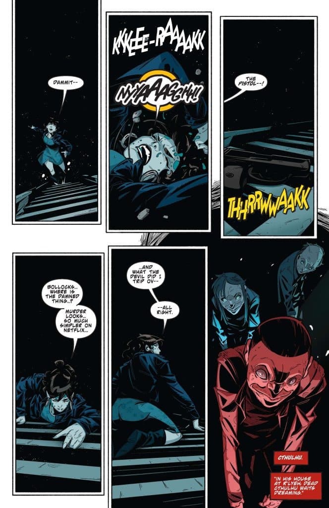 A comic book panel showing a character falling down stairs, looking shocked and distressed, with speech bubbles expressing panic and frustration. Another character lurks in the background with a sinister grin.