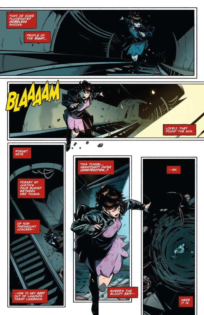 A comic book page featuring a female character running through a dark, abandoned tunnel, with dialogue boxes describing her thoughts and actions. The environment shows debris and construction elements, with a sense of urgency in her expression and posture.