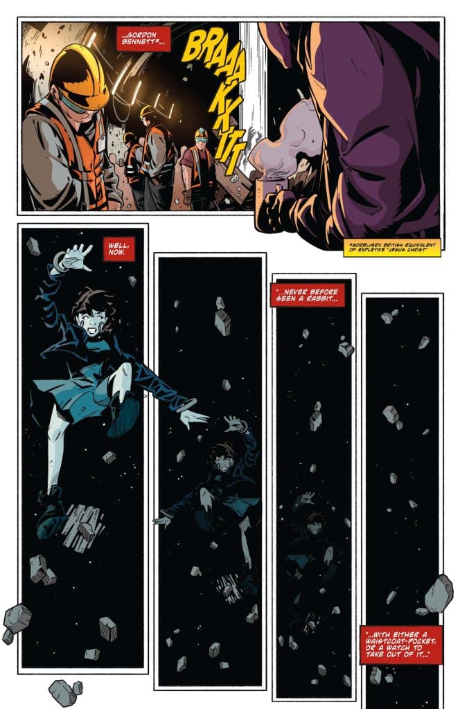 A comic page showing a group of people in safety gear looking shocked, with an explosion sound effect 'BRAAA KTT!' depicted. The following panels illustrate a character in a falling position, surrounded by floating rocks in a dark space.