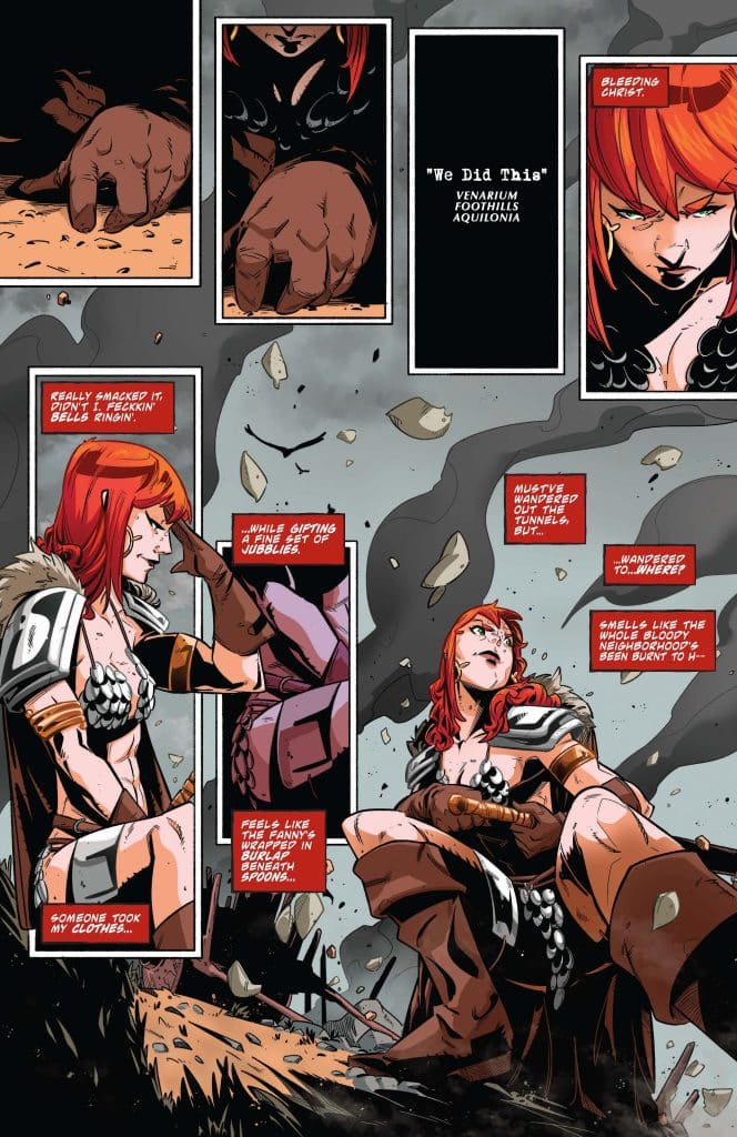 Comic panel depicting a fierce red-haired warrior in armor, sitting in a dusty landscape. She shows signs of distress while looking around, with debris scattered around her. Text bubbles indicate a dialogue reflecting her confusion and frustration about her situation.