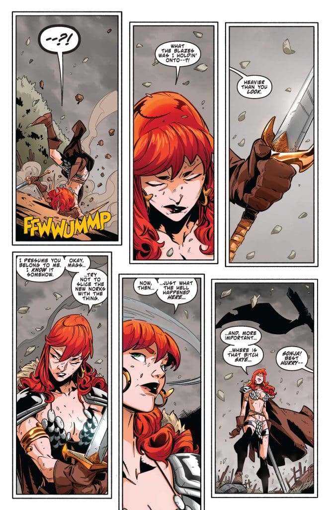 A comic panel featuring a red-haired warrior with armor, expressing surprise and curiosity about a heavy object. The character shows a mix of determination and concern as she questions the situation and seeks answers.