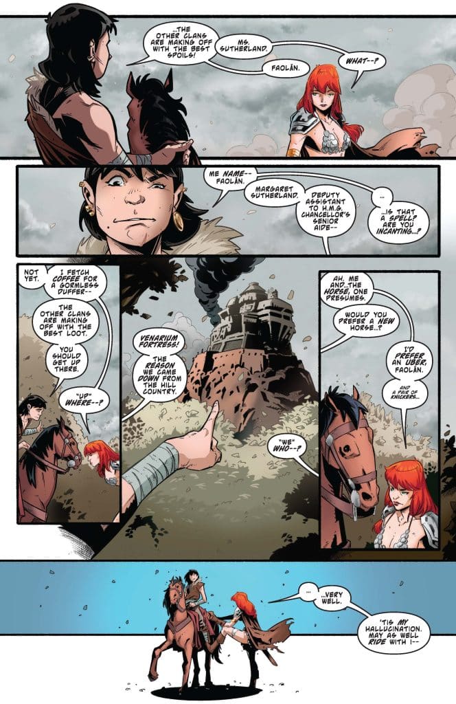 A comic book panel featuring two characters, Faolan and Margaret Sutherland, conversing while mounted on horses. Faolan, a young person with dark hair, gestures towards a distant fortress, while Margaret, a woman with red hair, looks on. The setting includes a hill with smoke rising from a tower in the background.