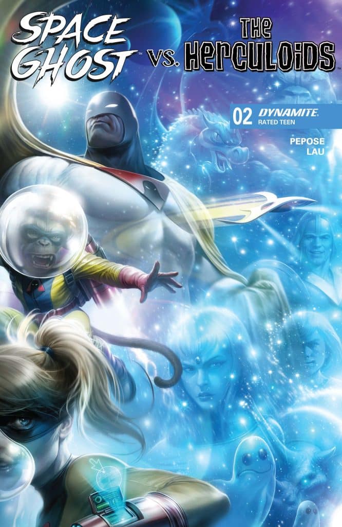 Comic book cover featuring Space Ghost and characters from the Herculoids, with a colorful cosmic background.