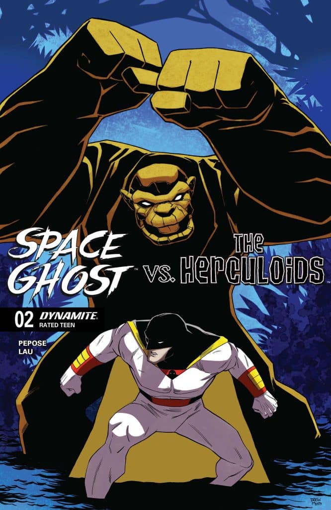 Comic book cover featuring Space Ghost in a superhero pose, facing off against a large, muscular creature with clenched fists. The background is a dark forest scene, and the title reads 'Space Ghost vs. The Herculoids.'