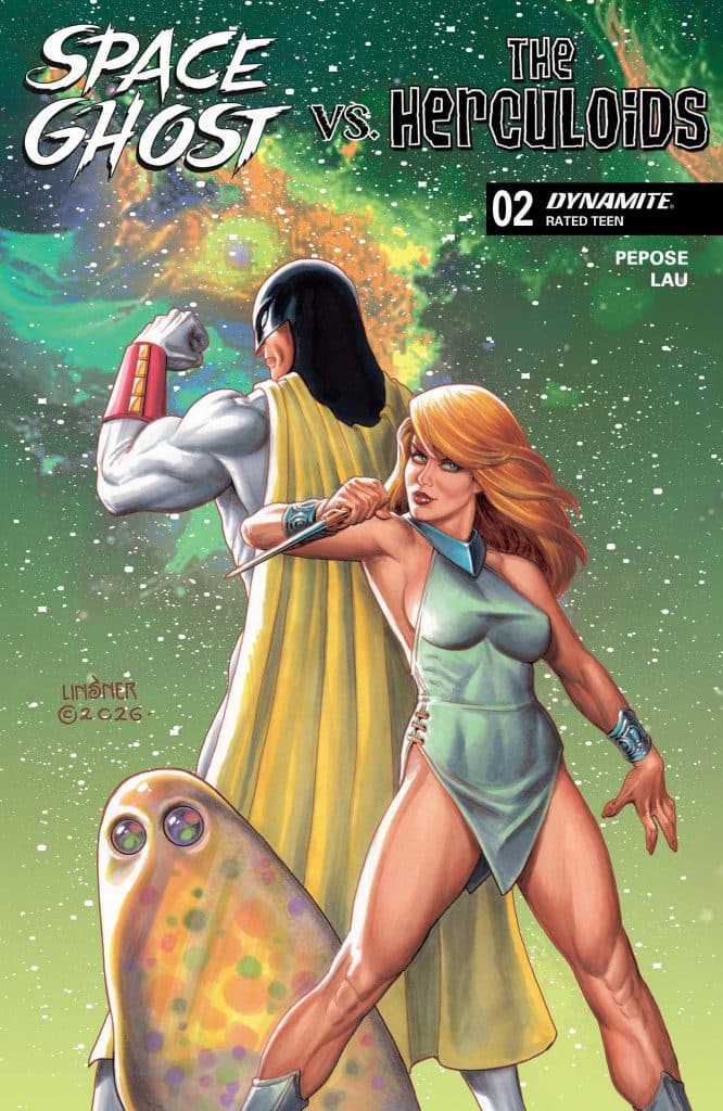 Cover art for 'Space Ghost vs. The Herculoids' #2 featuring Space Ghost and a female character in superhero attire, with a colorful, cosmic background and a creature in the foreground.