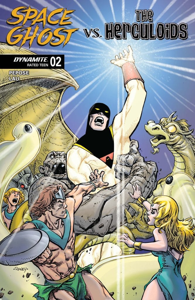 Cover of the comic book 'Space Ghost vs. The Herculoids' featuring Space Ghost in action against various creatures, with characters from the Herculoids series in a dramatic confrontation.