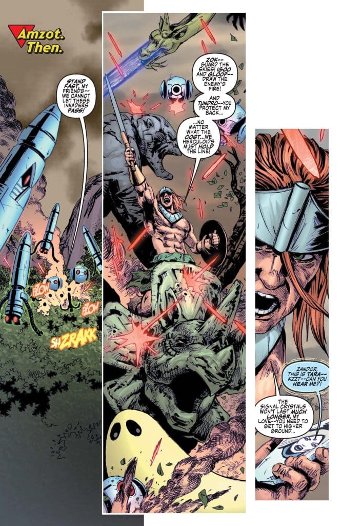 A comic book panel depicting a battle scene with heroic characters. One character, armed with a sword, defends against invaders while issuing commands to allies. They are surrounded by futuristic technology and alien creatures in a chaotic environment.