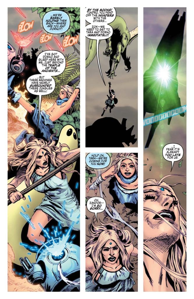 A comic book panel featuring characters in a jungle setting, with one character wielding a weapon against an unseen enemy while another character, marked as Zok, is urging to rescue Tara and Doron.
