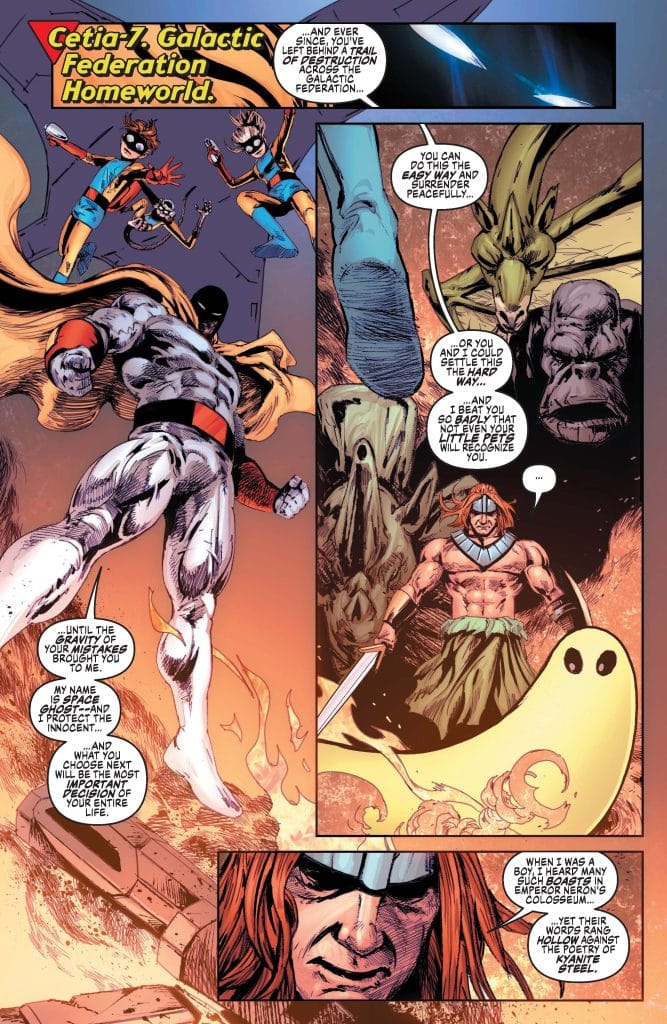 A comic book page featuring characters from the Galactic Federation, including a superhero in a black costume, and various other characters engaged in a tense conversation. The setting appears to be an alien world, showcasing a dramatic scene with fiery effects and diverse alien figures.