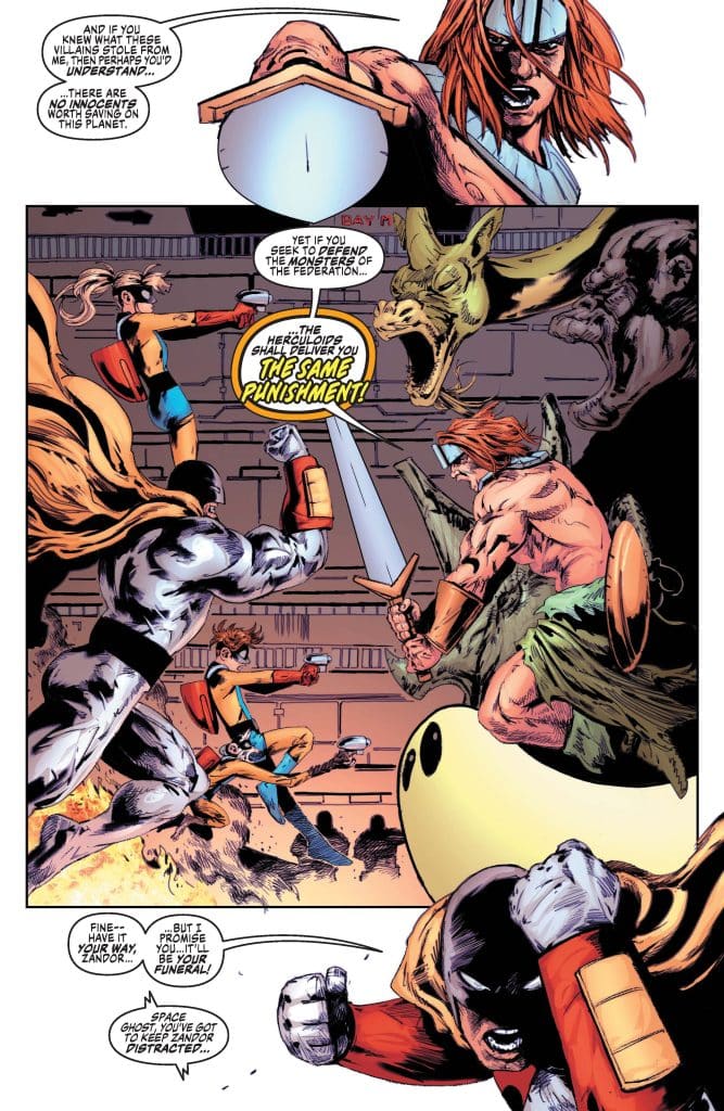A dynamic superhero comic scene featuring multiple characters in battle. A muscular warrior with a sword confronts a menacing creature, while another superhero aims a weapon. The setting includes various looming figures and dramatic action poses, showcasing a confrontation with themes of justice and punishment.