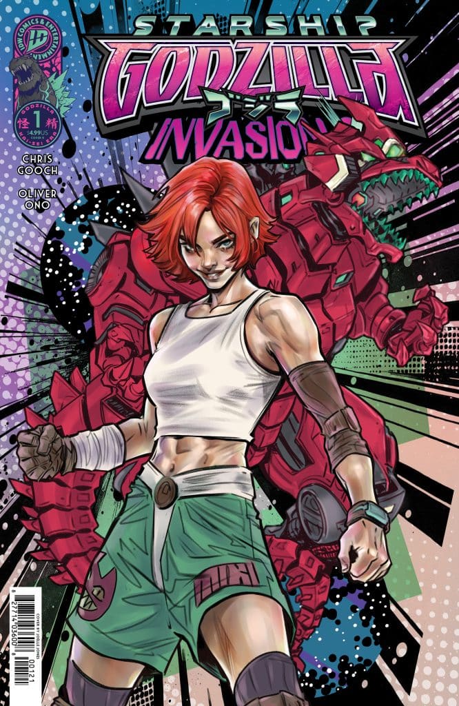 Cover of the comic 'Starship Godzilla: Invasion' featuring a female character with short red hair, wearing a tank top and shorts, posed confidently in front of a giant robotic creature resembling Godzilla, with dynamic graphic elements in the background.