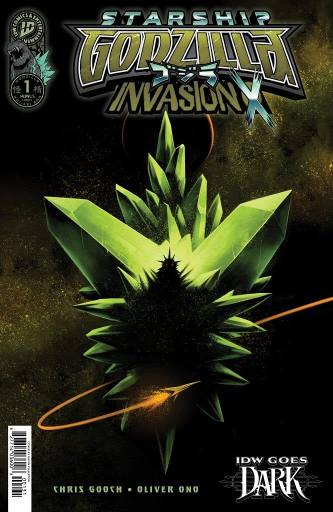 Cover of 'Starship Godzilla: Invasion X' comic featuring a large green crystal formation on a dark background, with the title prominently displayed at the top.