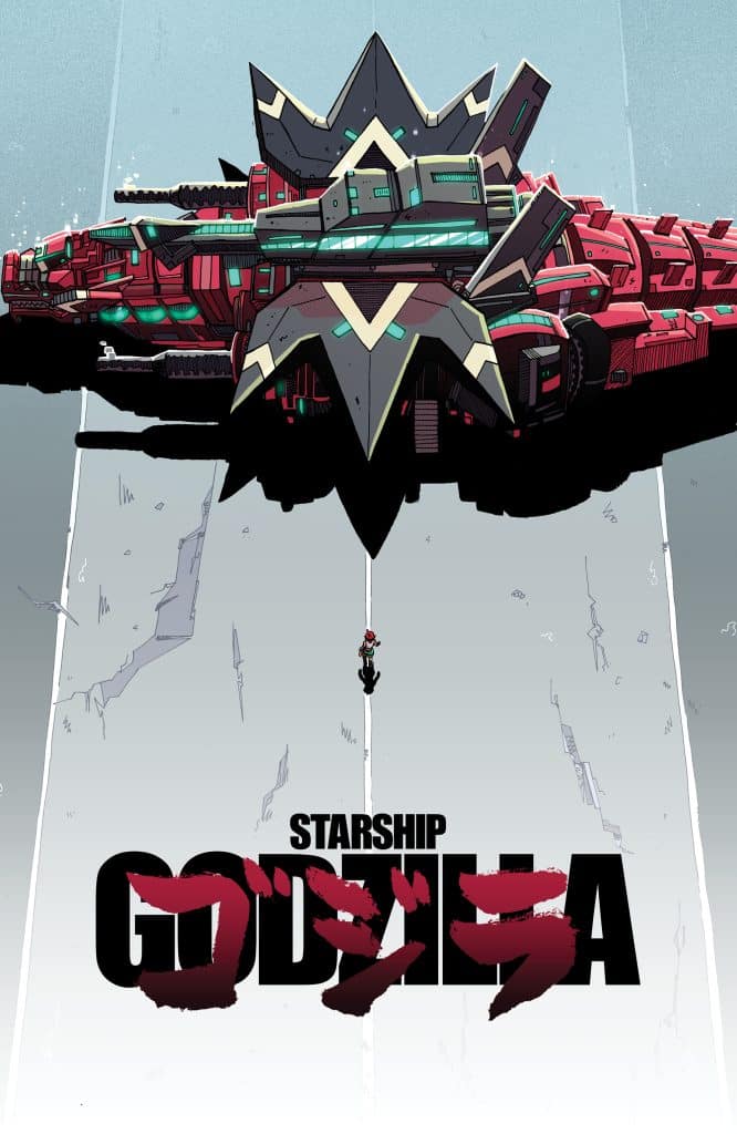 An illustrated view of a futuristic starship named 'Godzilla', featuring bold geometric shapes and vibrant colors, with a small figure standing beneath it, conveying a sense of scale.