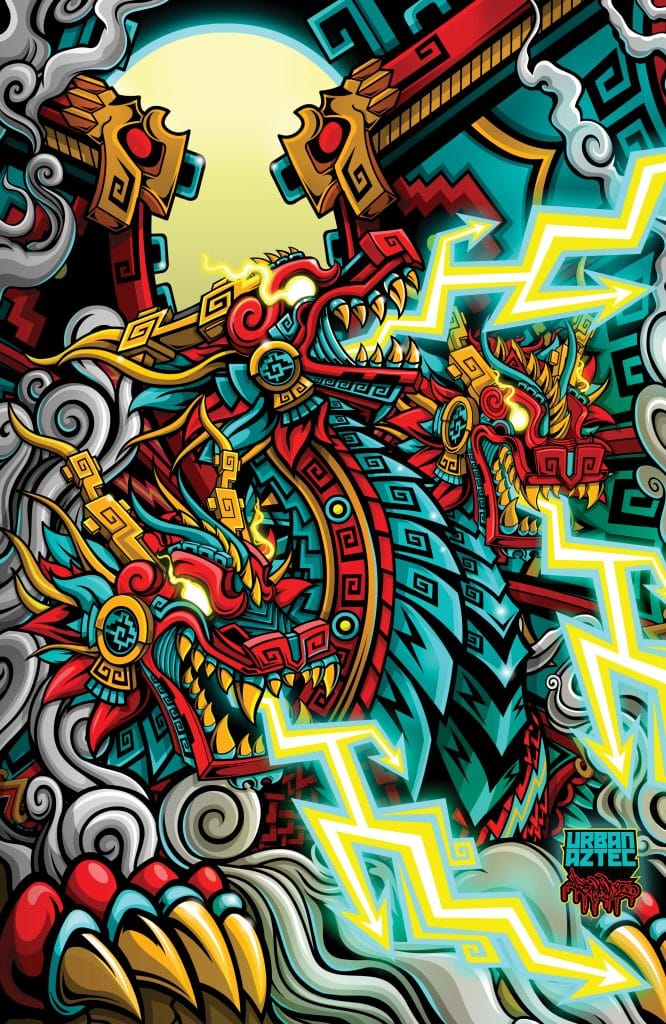 A vibrant, colorful illustration featuring a multi-headed dragon surrounded by swirling clouds and lightning bolts, with intricate patterns and a full moon in the background.
