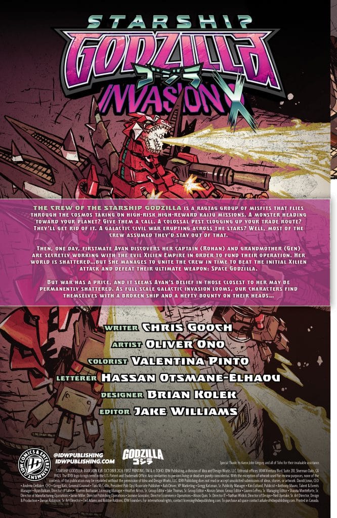 Comic book cover for 'Starship Godzilla: Invasion X' featuring illustrations of a kaiju and spacecraft, with vibrant colors and dynamic action elements.