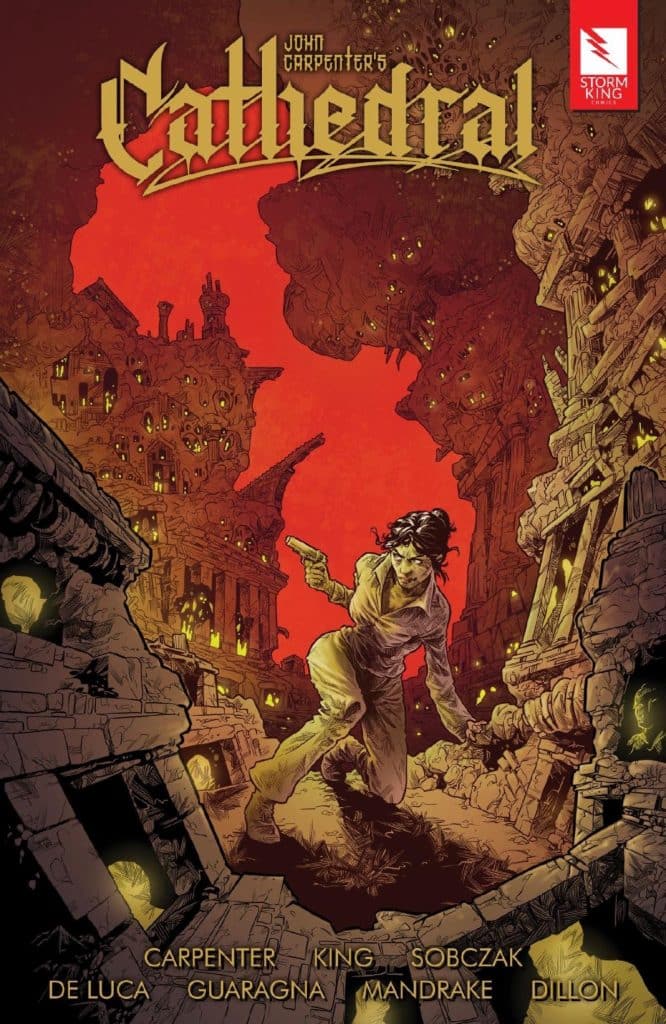 Cover art for John Carpenter's 'Cathedral' featuring a figure in a dramatic pose amidst crumbling architecture and glowing elements, set against a red background.