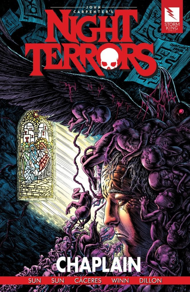 Cover of 'John Carpenter's Night Terrors: Chaplain' comic book featuring a central figure with a distressed expression surrounded by shadowy figures and surreal elements, including a stained glass window in the background.