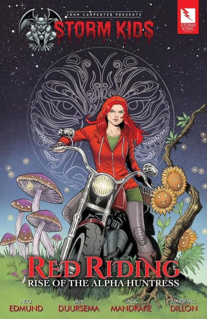 Comic book cover titled 'Red Riding: Rise of the Alpha Huntress' featuring a woman with long red hair riding a motorcycle. The background includes fantastical elements like mushrooms and a decorative butterfly design.