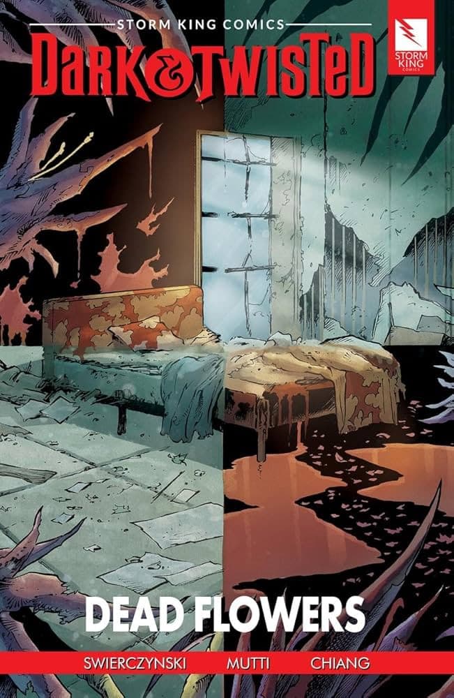 Comic book cover for 'Dark & Twisted: Dead Flowers' featuring contrasting dark and light imagery of a dilapidated room with a bed and scattered papers.