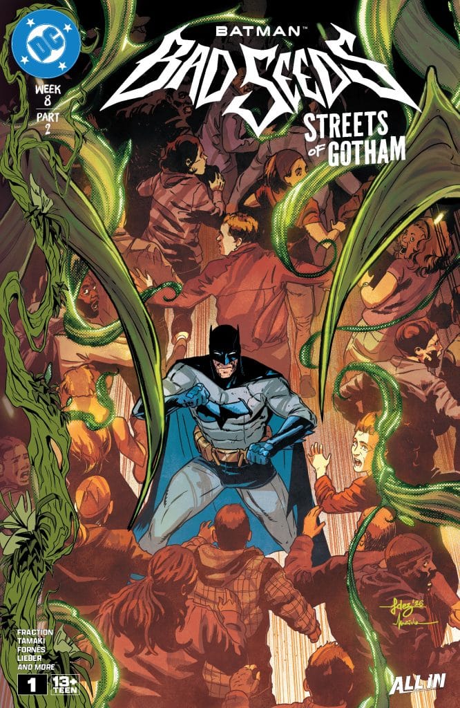 Comic book cover featuring Batman in a confrontational stance amidst a crowd, surrounded by green tendrils, with the title 'Batman: Bad Seeds - Streets of Gotham' prominently displayed.