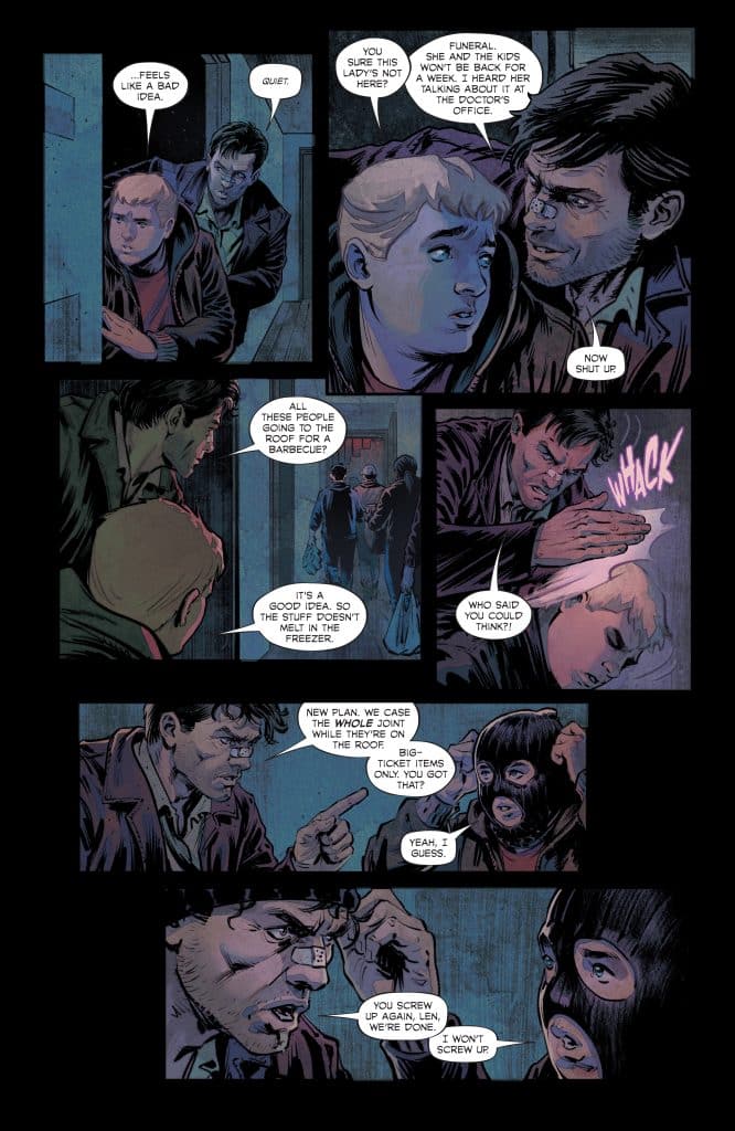 A comic page featuring a group of characters discussing a plan involving a barbecue on a roof, with tense expressions and dialogue about a recent funeral. One character is wearing a mask and another looks worried.