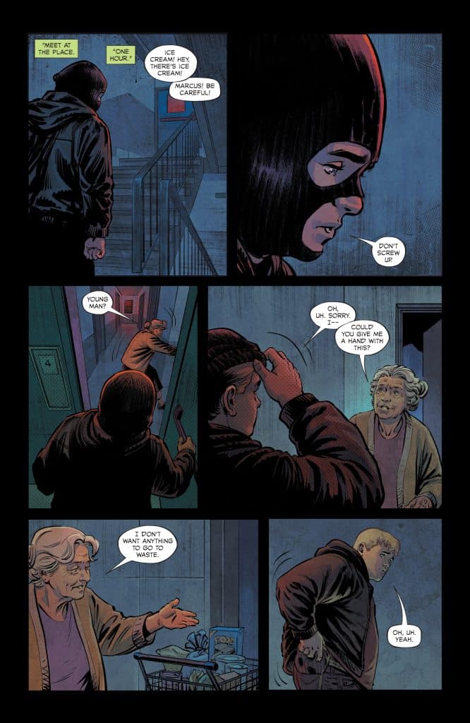 A comic panel depicting a masked character standing outside an apartment, speaking to a young man who appears to be surprised. An elderly woman is seen inside, expressing concern about waste. The scene conveys a sense of urgency and interaction between the characters.