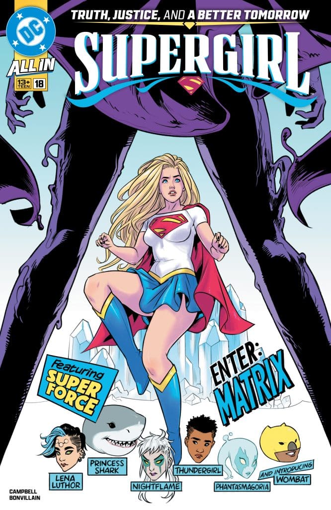 Comic book cover featuring Supergirl in her costume, standing confidently with a group of superhero characters below her. The title 'Supergirl' is prominently displayed at the top, along with the tagline 'Truth, Justice, and a Better Tomorrow.'