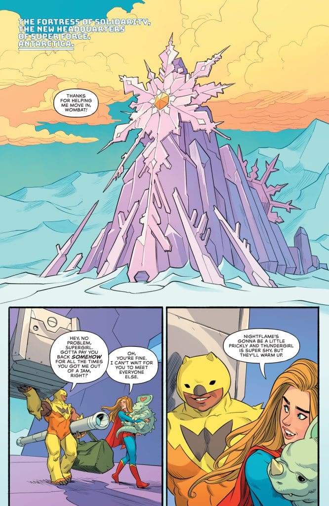 A colorful comic panel depicting a group of superheroes in the Fortress of Solidarity in Antarctica. One character, wearing a cape, thanks another for helping with the move, while discussing other team members.