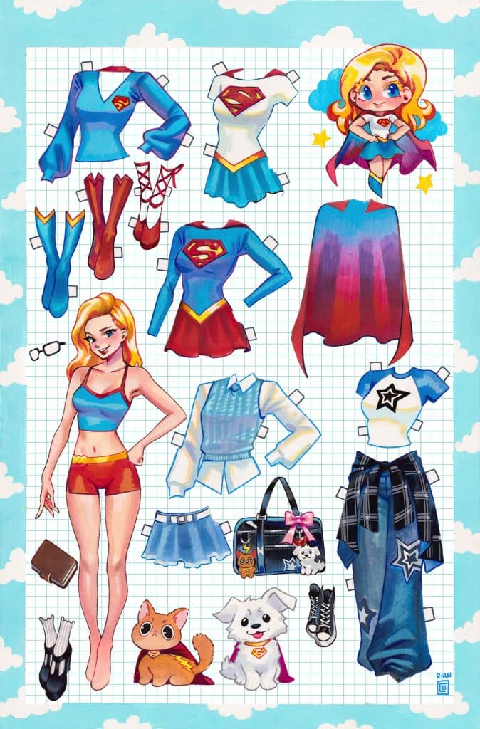 A colorful paper doll illustration featuring various outfits for a superhero character, including tops, skirts, shoes, accessories, and two pets in superhero capes, all set against a cloud-patterned background.