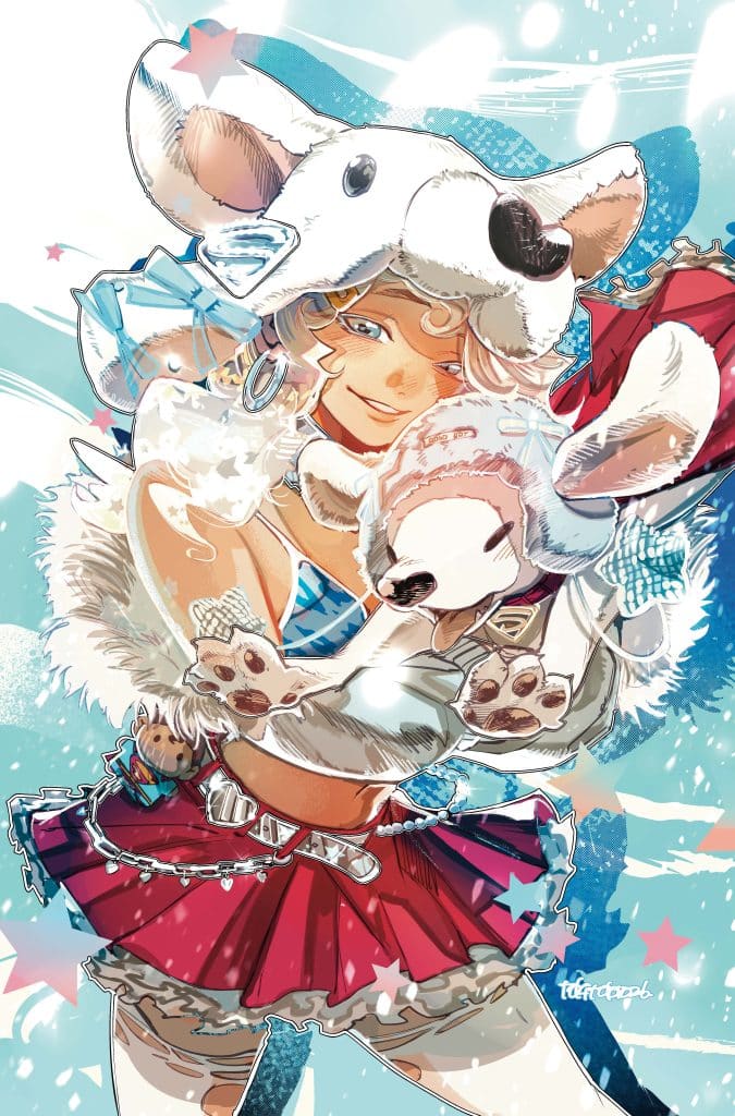 An animated character wearing a polar bear hat and a red skirt holds a small, plush lamb, surrounded by a light blue and white background with stars.
