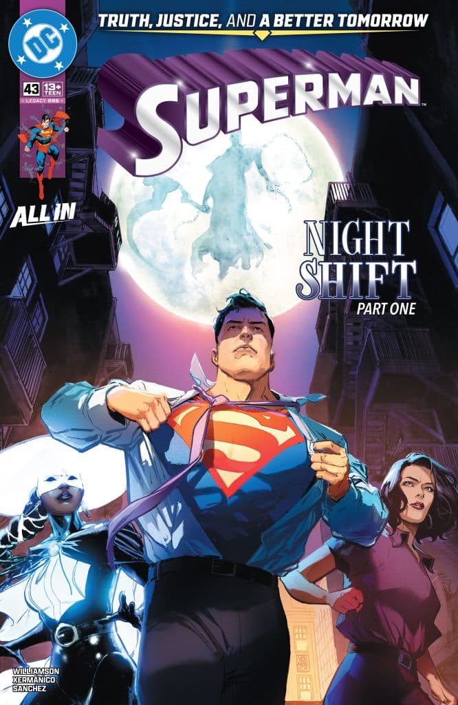 Cover of Superman comic issue 43 featuring Superman tearing his shirt to reveal the iconic 'S' symbol, with a full moon in the background and two women characters on either side.