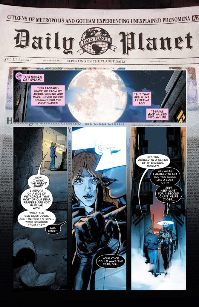 A comic panel featuring characters Cat Grant and a woman dressed in a futuristic outfit. The scene is set at night with a full moon visible in the background. Cat Grant introduces herself, referencing her work for the Daily Planet, while the other character makes a playful remark about the volume of her voice.
