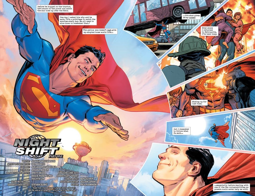 Superman flying over a city skyline with a warm sunset in the background, showcasing powerful poses and scenes of heroism in comic art style.