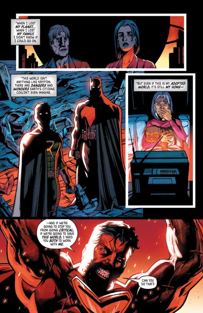 Comic book panel featuring a conversation among three characters, with one character in a dark superhero costume, another in a superhero outfit, and a woman with a concerned expression. The background shows a destroyed city, conveying a dramatic atmosphere.