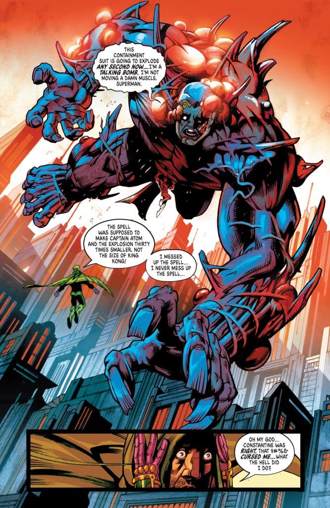 A large character with blue and red features looms over a cityscape, expressing frustration about a containment suit that is about to explode. Another character, smaller and in green, hovers nearby, looking concerned. Speech bubbles convey their dialogue about a spell gone wrong.