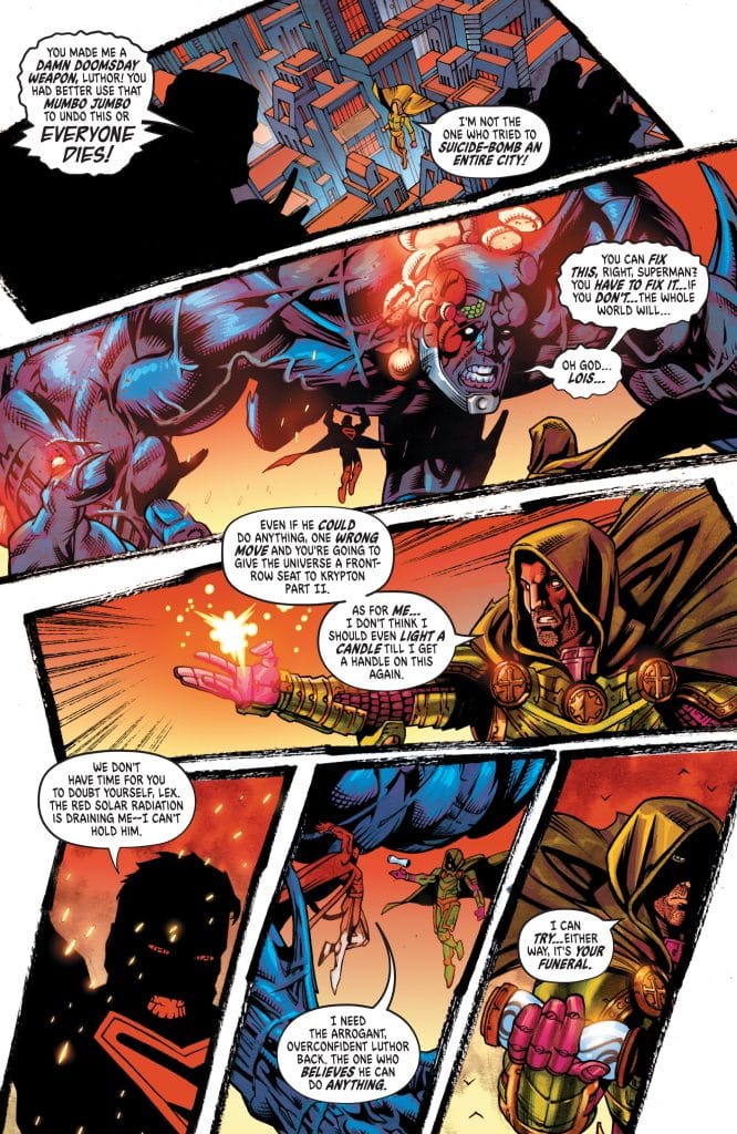 A comic panel featuring a confrontation between characters, with a focus on a character in a hooded cloak using a glowing hand gesture, advocating for action amidst a tense atmosphere. The backdrop includes a cityscape and a large, imposing figure. Text bubbles express urgency and conflict.
