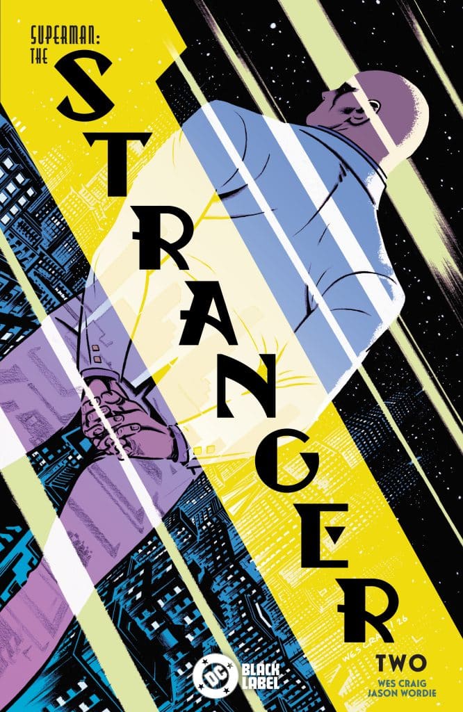 Comic book cover for 'Superman: The Stranger', featuring a character with hands bound and facing away, set against a dynamic backdrop of geometric shapes in bold colors.