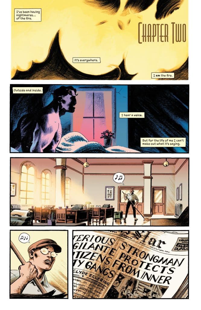 A comic page featuring various scenes; the first panel depicts a fiery nightmare, the second shows a dog and a man in a room, with a voice heard but not understood, the third panel presents a man cleaning in an office, and the fourth features a close-up of a newspaper highlighting a vigilante strongman protecting citizens.