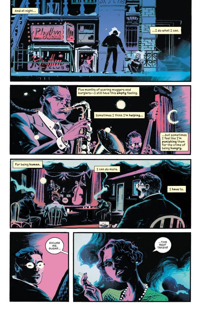 A comic panel depicting a jazz club scene with musicians playing instruments, patrons watching, and a conversation about feelings of emptiness and human experience.