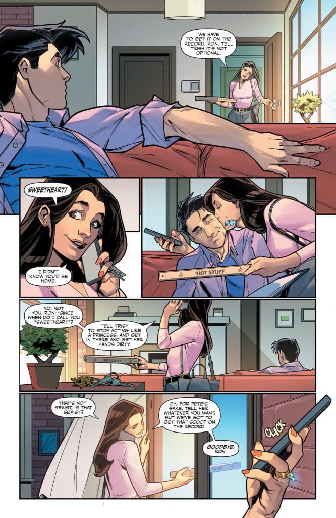 A comic panel depicting a conversation between a man and a woman in a living room. The man lounges on a couch while the woman, holding a serving tray, is speaking to him. There are humorous exchanges about recording a message and gender roles.