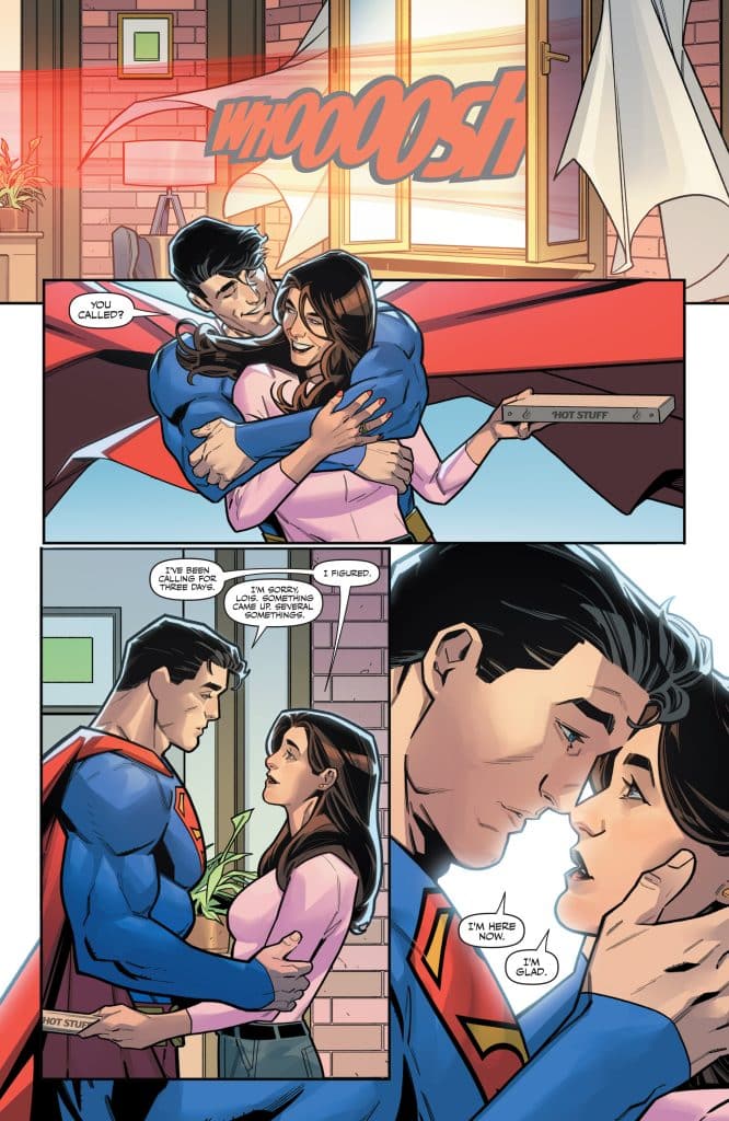 A superhero, dressed as Superman, embraces a woman named Lois Lane in a cozy setting. The scene conveys a moment of affection between the two characters, with Superman holding a package labeled 'HOT STUFF' while Lois looks affectionately at him.