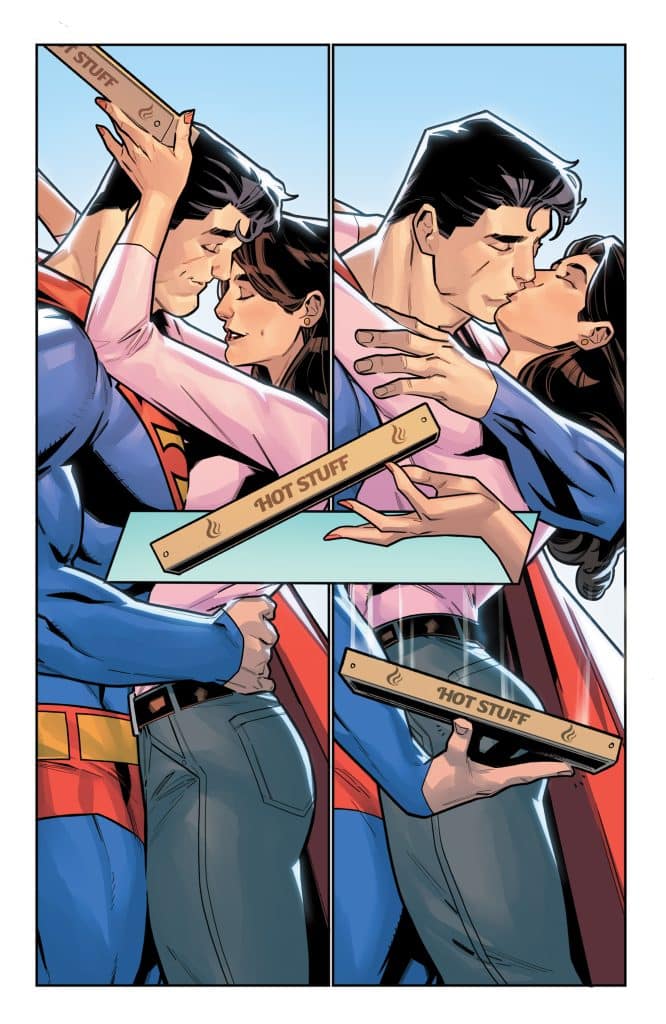 A superhero in a blue costume with a red cape is embracing a woman, both leaning in for a kiss. The scene is divided into two panels, with a playful pizza box labeled 'HOT STUFF' held between them.